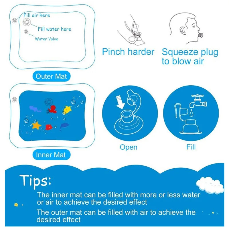 Diagram of baby water play mat air and water valve filling instructions and adjustment tips.