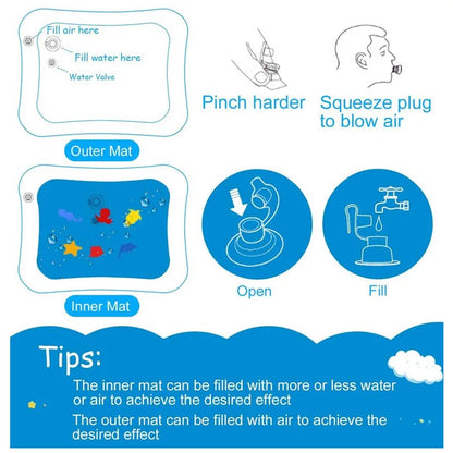 Diagram of baby water play mat air and water valve filling instructions and adjustment tips.
