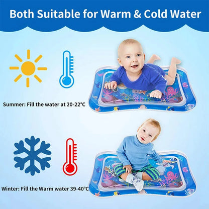 Babies using blue sea life water play mats with temperature guidelines for warm and cold water use.