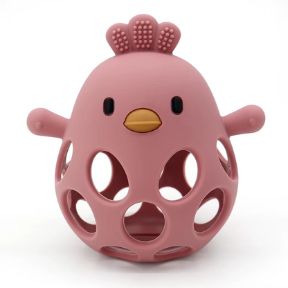 Dark pink silicone baby teether rattle shaped like a bird with holes and textured comb.