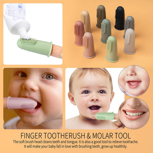 Baby silicone finger toothbrushes in assorted colors with usage examples and close-up of soft bristles.