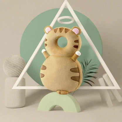 Cute Tiger baby head protection pillow backpack with stripes and ears, back view.