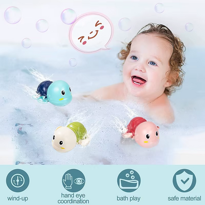 Three wind-up turtle bath toys splashing in water with child and bath play icons.