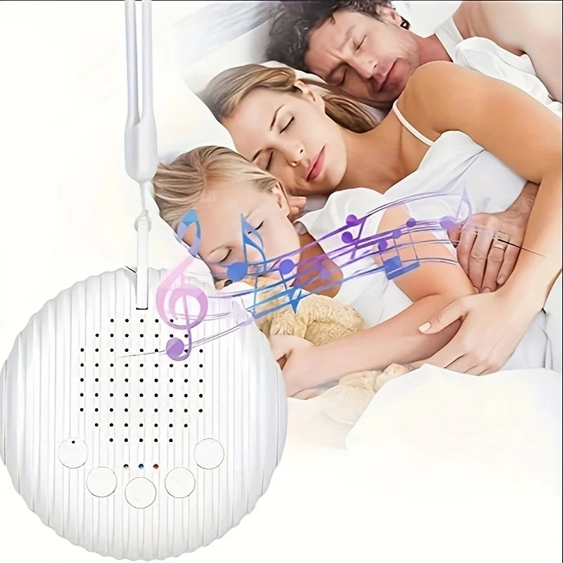 Portable white noise sleep sound machine hanging with musical notes and sleeping mother and child background.
