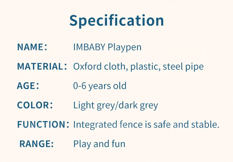 IMBABY Playpen specifications listing materials, age 0-6 years, light and dark gray colors.