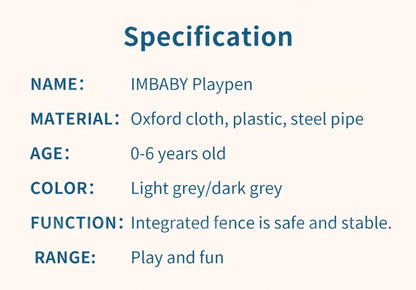 IMBABY Playpen specifications listing materials, age 0-6 years, light and dark gray colors.