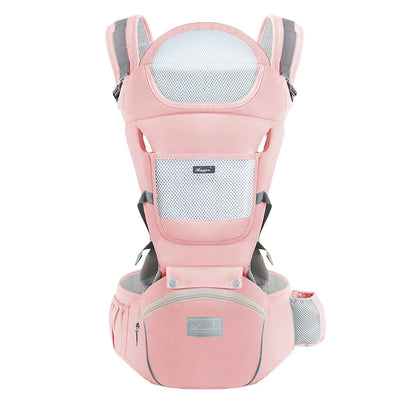 Pink ergonomic baby carrier front view with mesh panel and hip seat with zippered pocket.