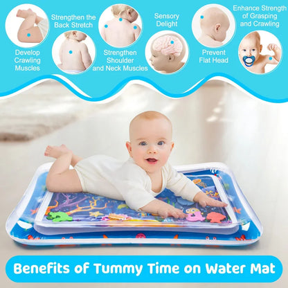 Infant on tummy on blue sea life water play mat showing tummy time benefits.