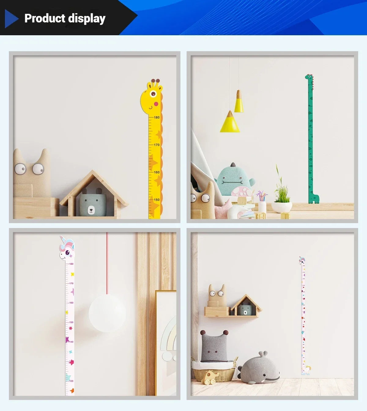 Animal growth chart decals displayed in nursery rooms featuring giraffe, dinosaur, and unicorn designs.