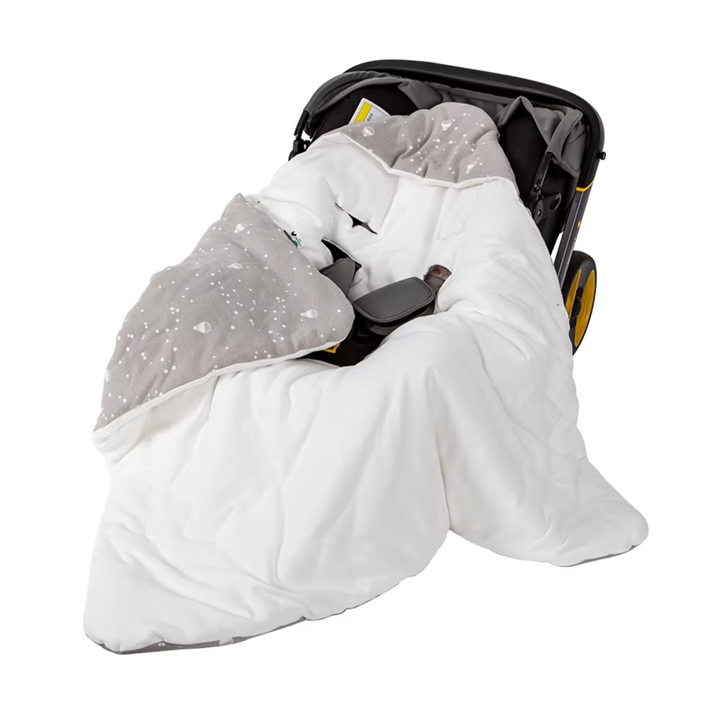 Hooded baby wrap blanket with grey elephant print lining in stroller, variant grey elephant 90x90cm.