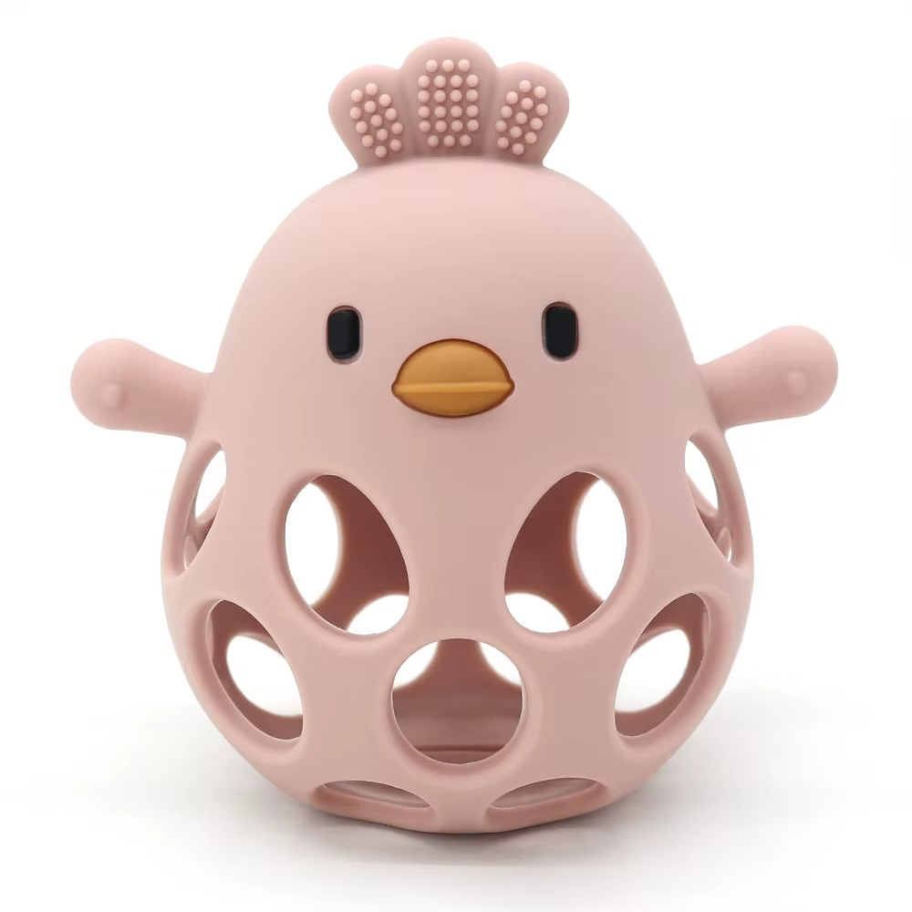 Rose pink silicone baby teether rattle shaped like a bird with holes and textured comb.
