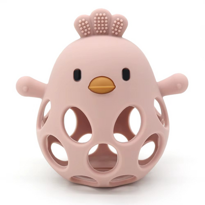Rose pink silicone baby teether rattle shaped like a bird with holes and textured comb.