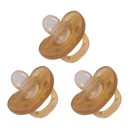 Set of three light brown silicone baby pacifiers with flat nipples and handles.