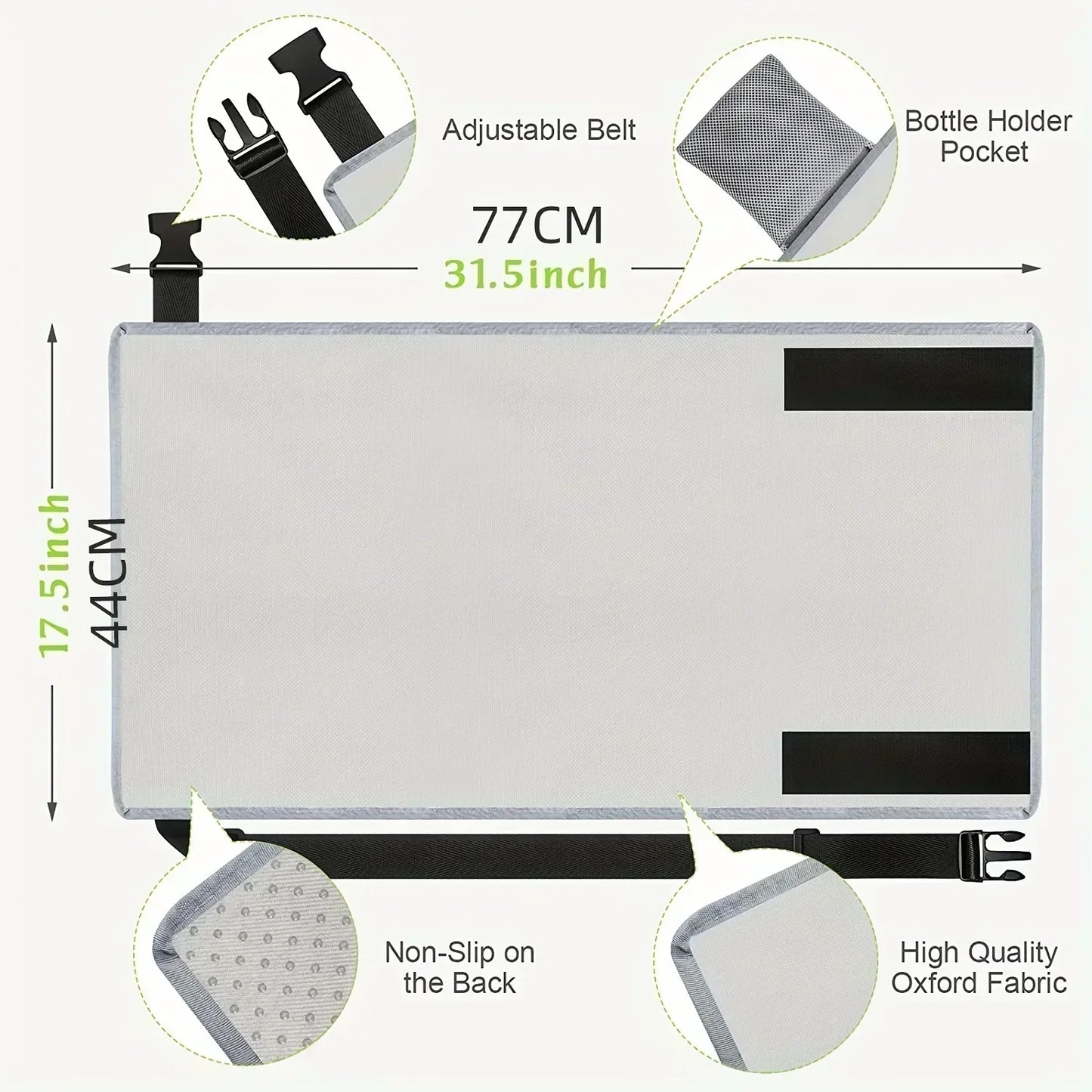 Gray kids airplane foot hammock with dimensions and feature callouts diagram.