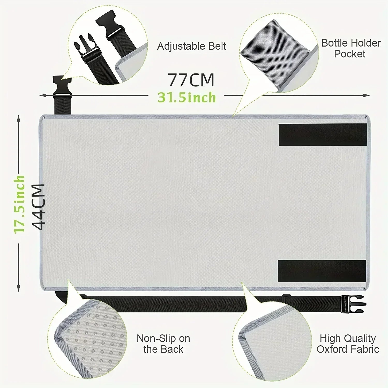 Gray kids airplane foot hammock with dimensions and feature callouts diagram.