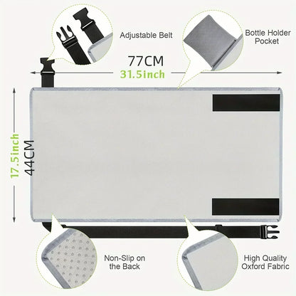 Gray kids airplane foot hammock with dimensions and feature callouts diagram.