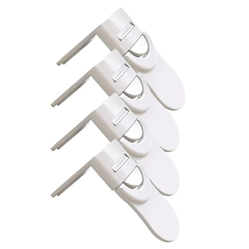 Set of four white baby safety drawer locks for toddler safety and cabinet protection.