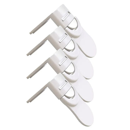 Set of four white baby safety drawer locks for toddler safety and cabinet protection.
