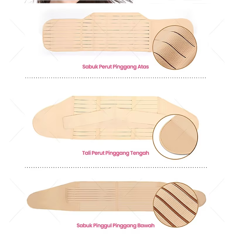 Three beige postpartum belly band components laid flat with fabric detail close-ups.