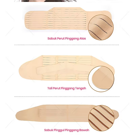 Three beige postpartum belly band components laid flat with fabric detail close-ups.