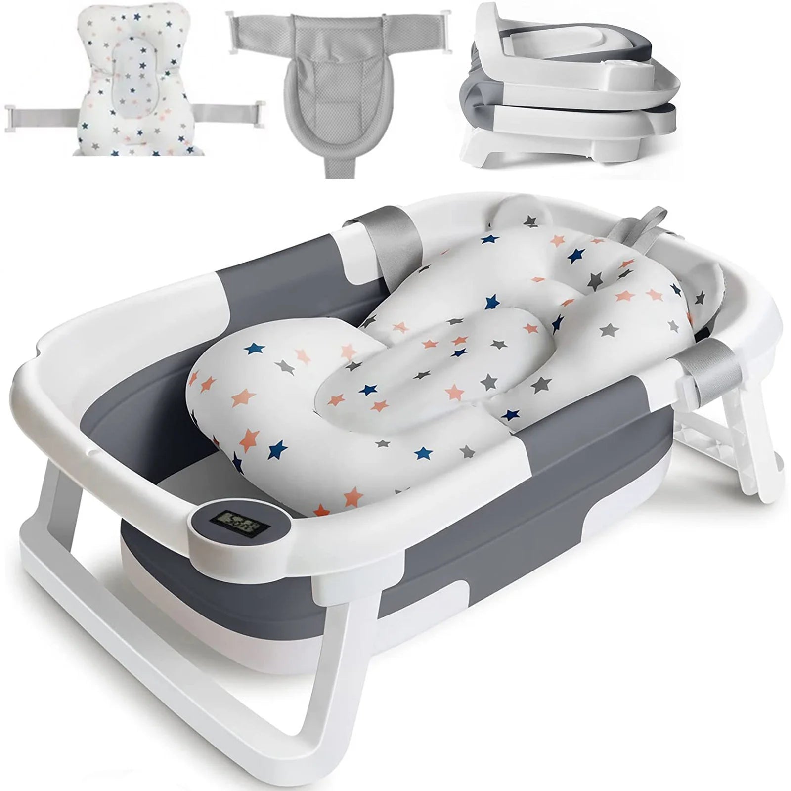 Foldable baby bathtub Type 2 Gray with star-patterned cushion and digital thermometer on rim.