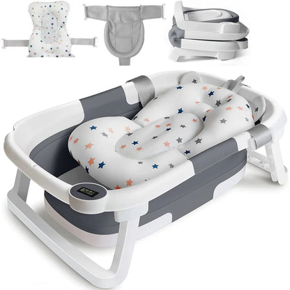 Foldable baby bathtub Type 2 Gray with star-patterned cushion and digital thermometer on rim.