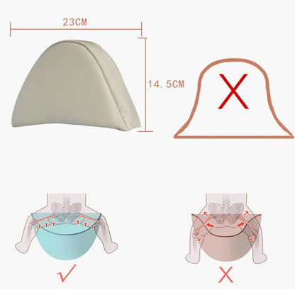 Diagram of ergonomic baby hip seat cushion dimensions and proper baby hip positioning.