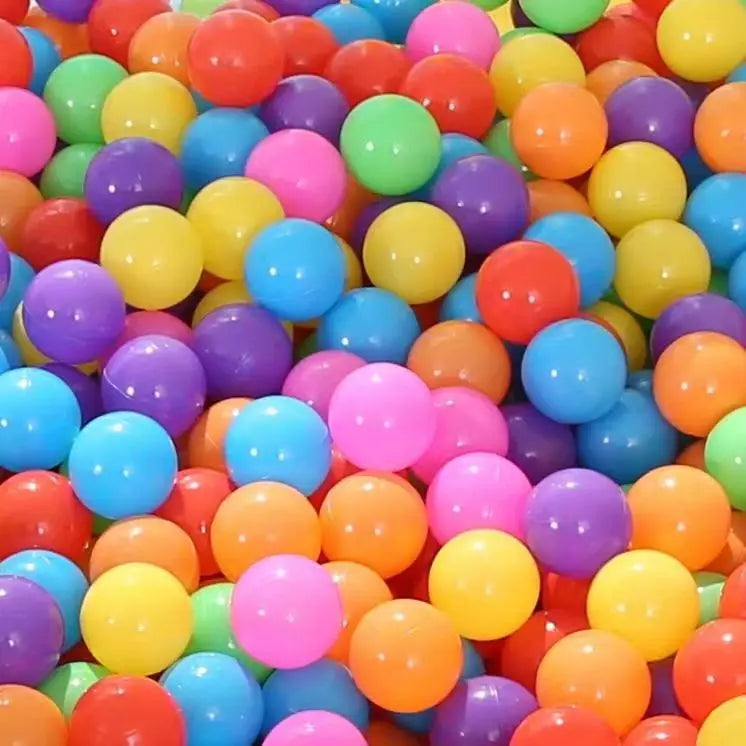 Close-up of bright colorful plastic balls from 100-piece play ball set for sensory and soft play.