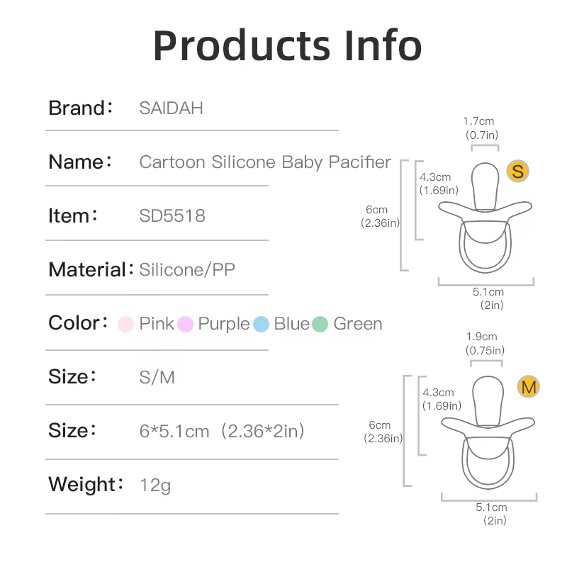 Product information sheet for silicone thumb shape baby pacifier with size and color options.