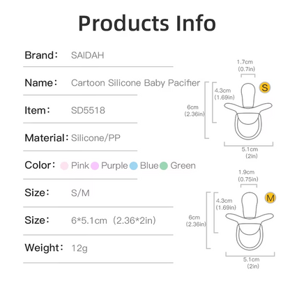 Product information sheet for silicone thumb shape baby pacifier with size and color options.
