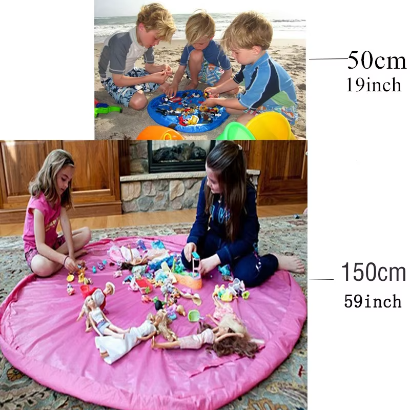 Children playing on blue 50cm and pink 150cm portable toy storage play mats with toys.