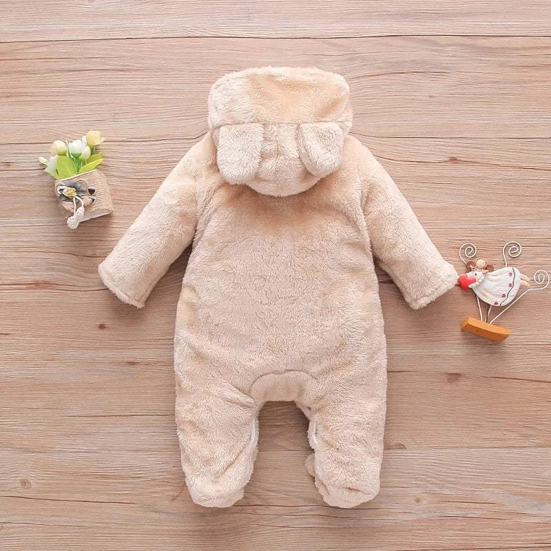 Plush Hooded Baby Romper | Warm Cartoon Jumpsuit for Fall and Winter