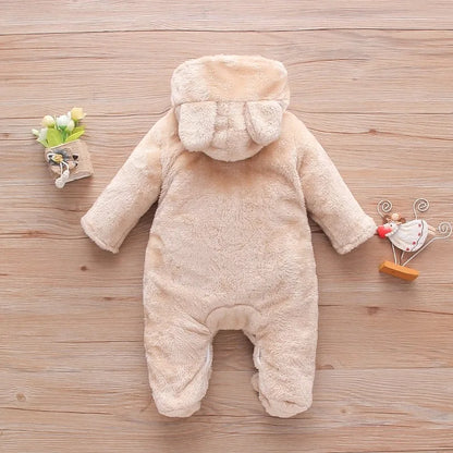 Plush Hooded Baby Romper | Warm Cartoon Jumpsuit for Fall and Winter