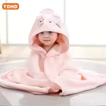 Pink animal hooded baby bath towel with ears and face detail for newborns.