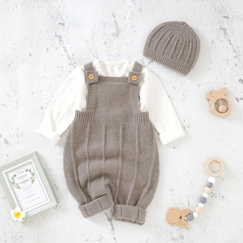 Khaki knitted baby romper set with white shirt and matching hat by Haven Heart Baby.