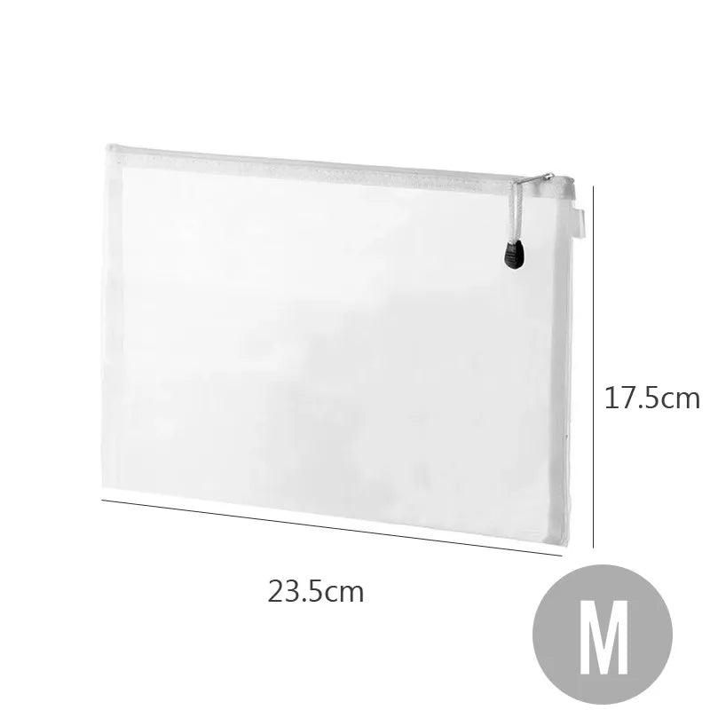 Medium transparent mesh zipper toy storage bag 23.5x17.5cm with zipper pull.