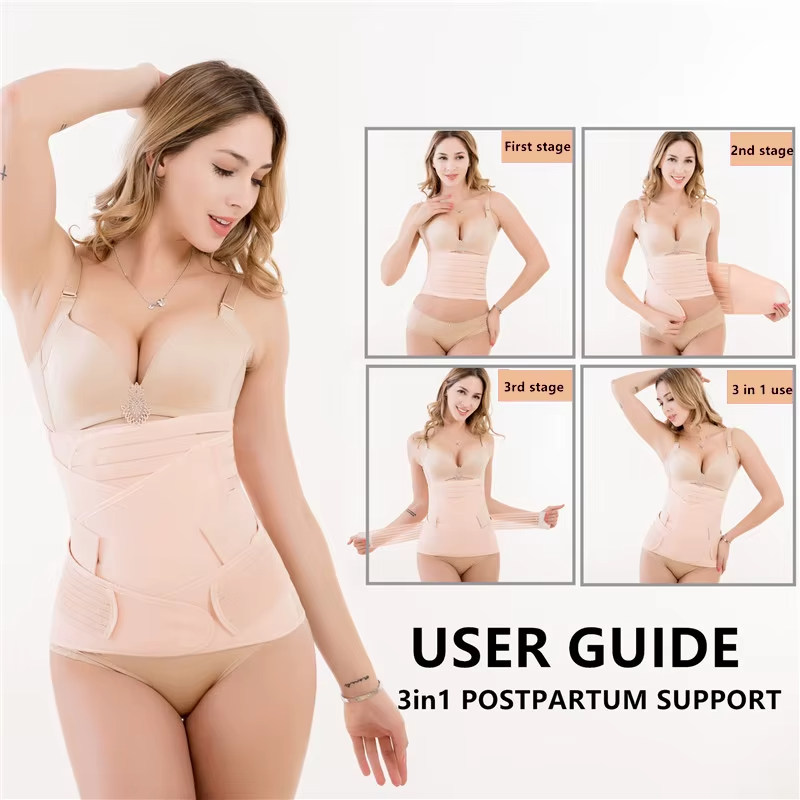 Model demonstrating three stages of 3 in 1 postpartum belly band wrap use with user guide.