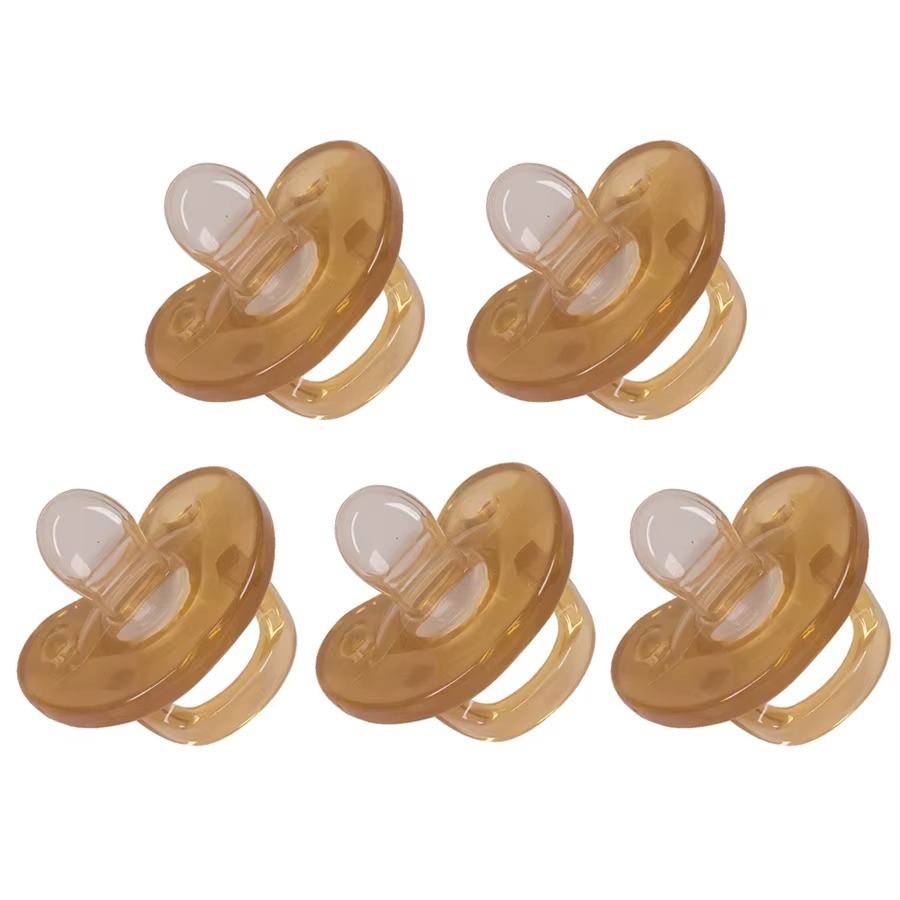Set of five light brown silicone baby pacifiers with flat nipples and handles.