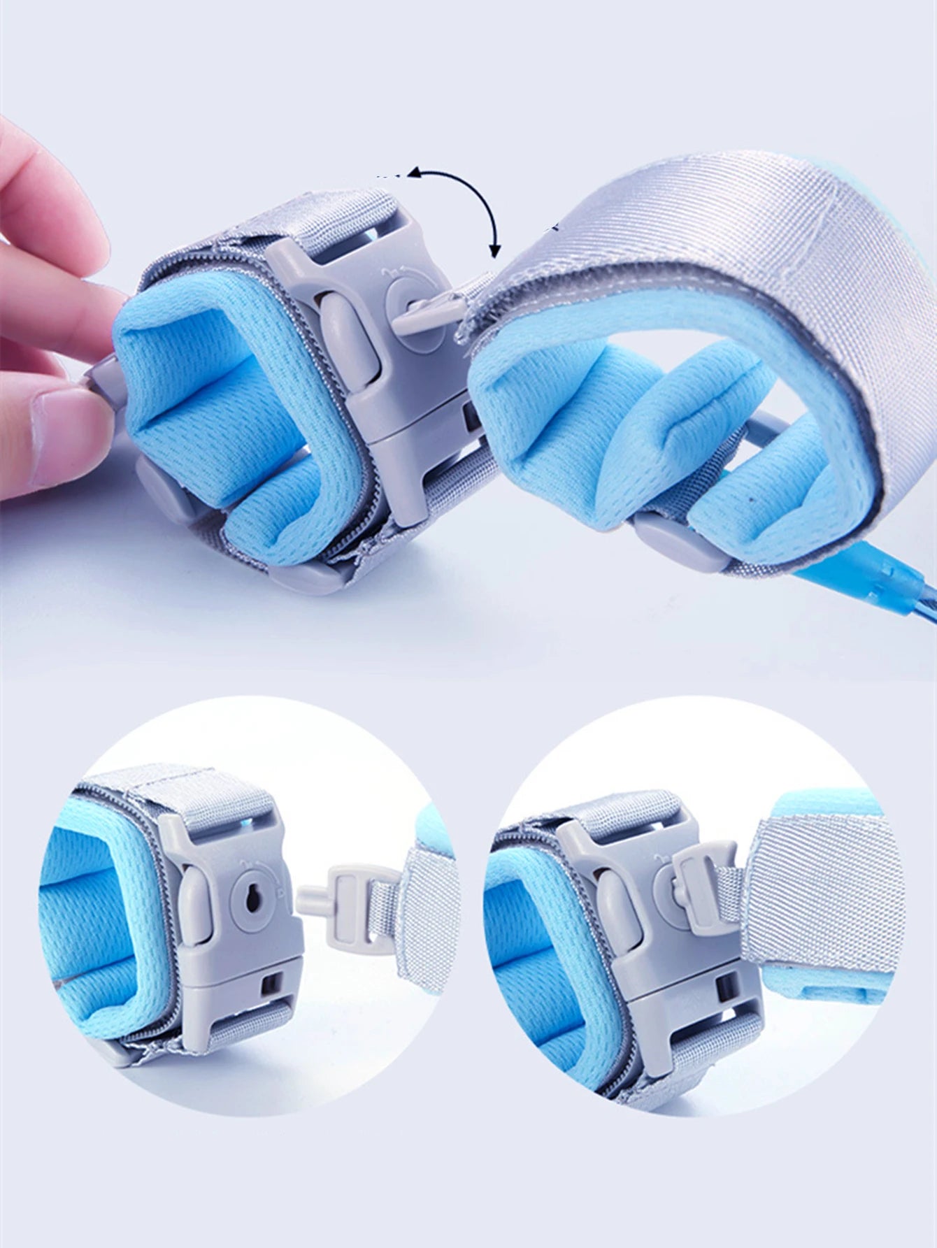 Blue padded wrist strap showing buckle mechanism and adjustable strap.