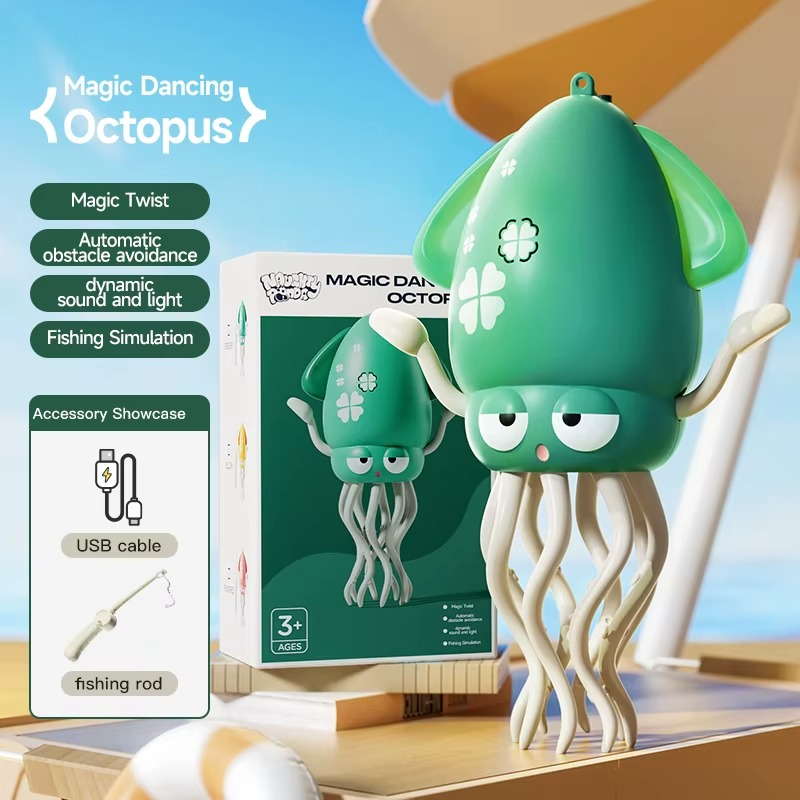 Green Magic Dancing Octopus toy with box and accessory icons for USB cable and fishing rod.
