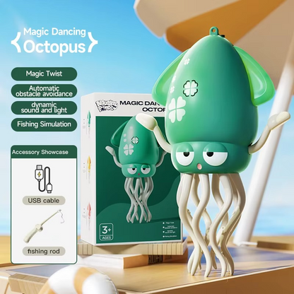 Green Magic Dancing Octopus toy with box and accessory icons for USB cable and fishing rod.