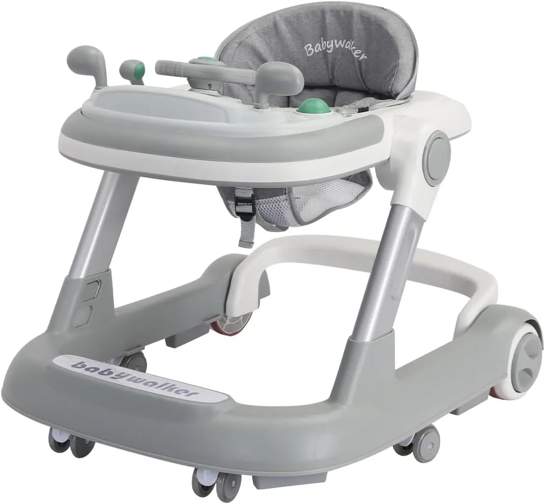 Gray foldable 2 in 1 baby walker push toy with padded seat and steering wheel.