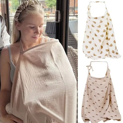 Breathable muslin nursing cover in beige used by mother, inset with bear head and rainbow print variants.