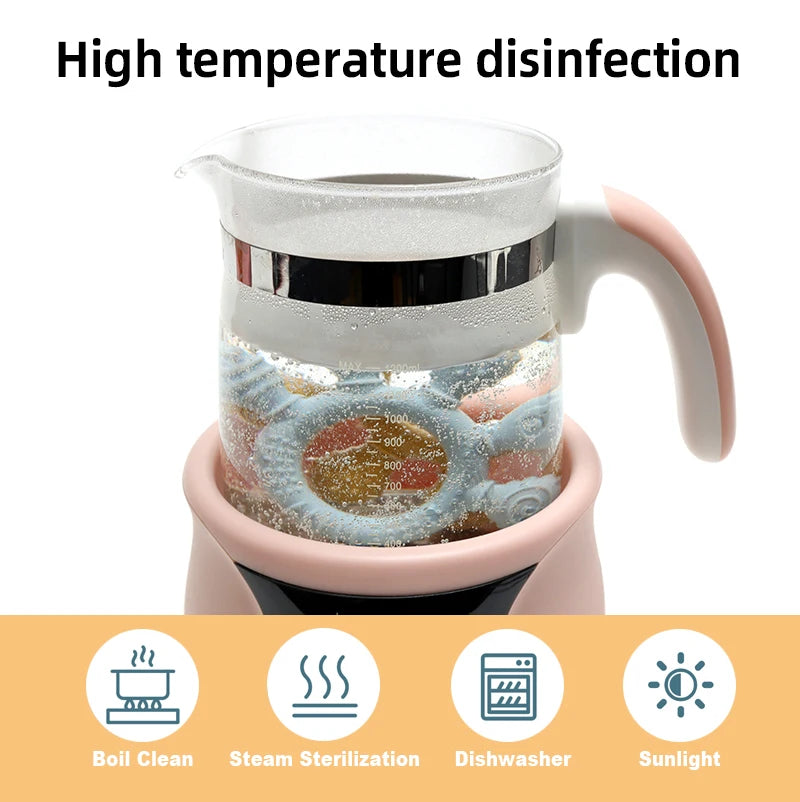 Silicone baby teething rings sterilizing in boiling water inside glass kettle.