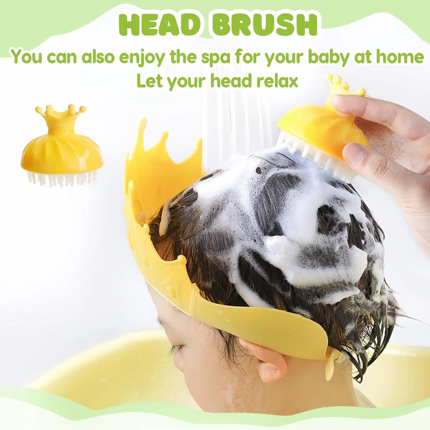 Child using yellow crown-shaped head brush with foam during bath, demonstrating baby spa head brush.