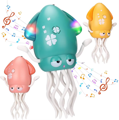 Set of three interactive octopus toys in pink, green, and orange with musical notes.