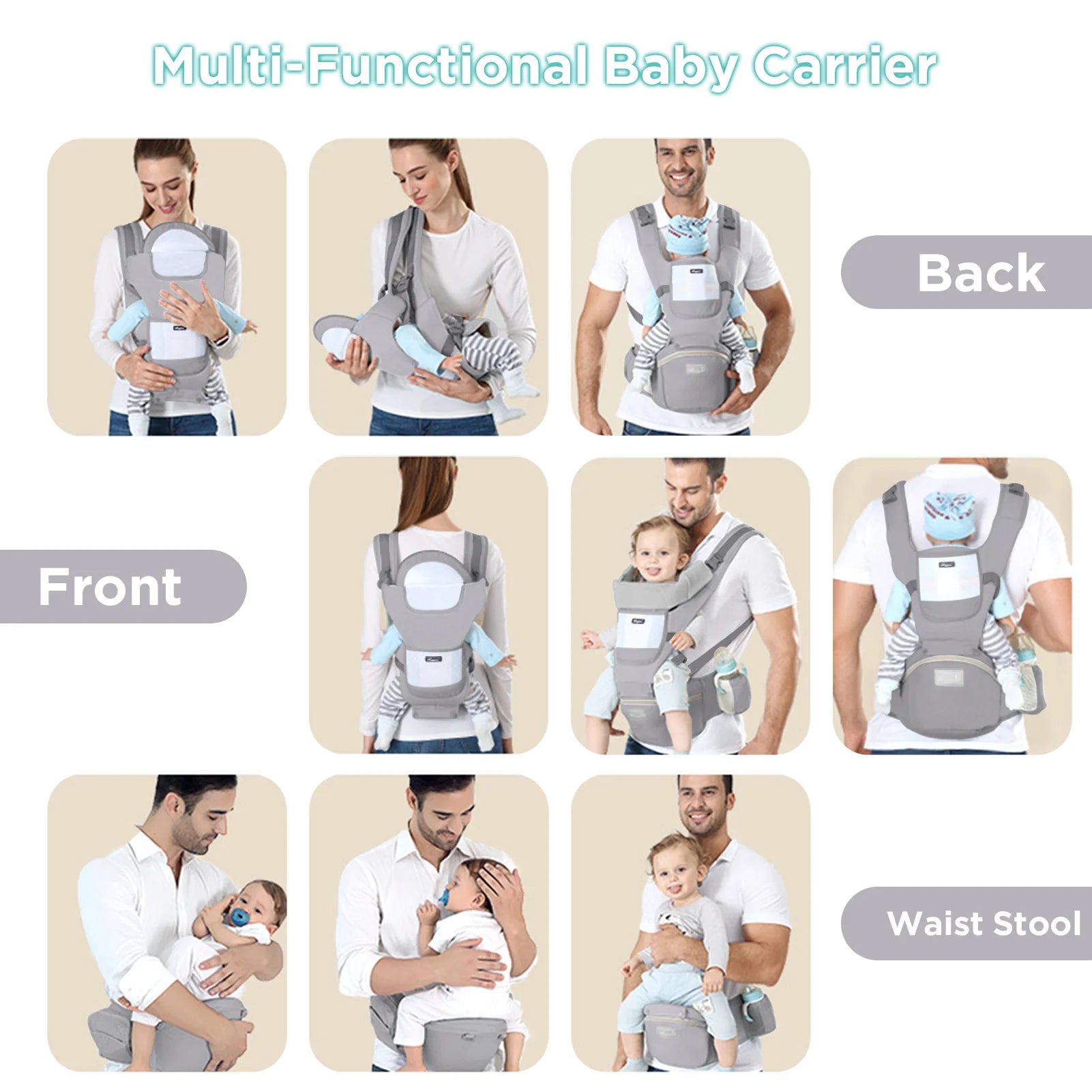 Multi-functional gray baby carrier shown in front, back, and waist stool positions with babies.