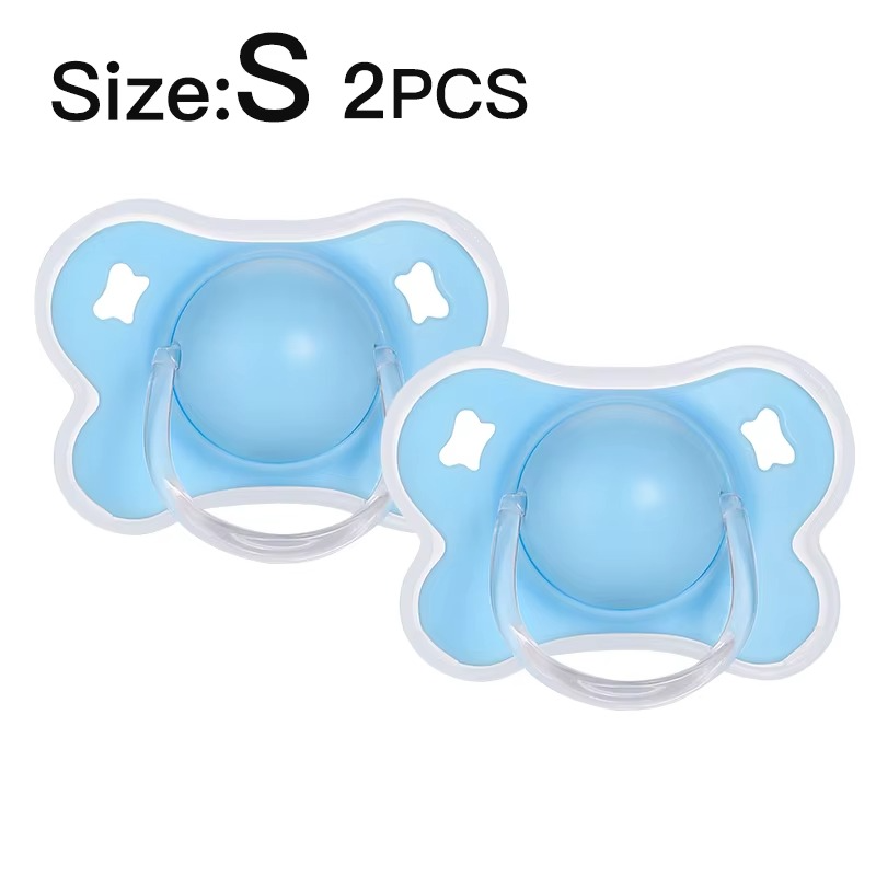 Two blue size S silicone thumb shape baby pacifiers with clear handles and white borders.