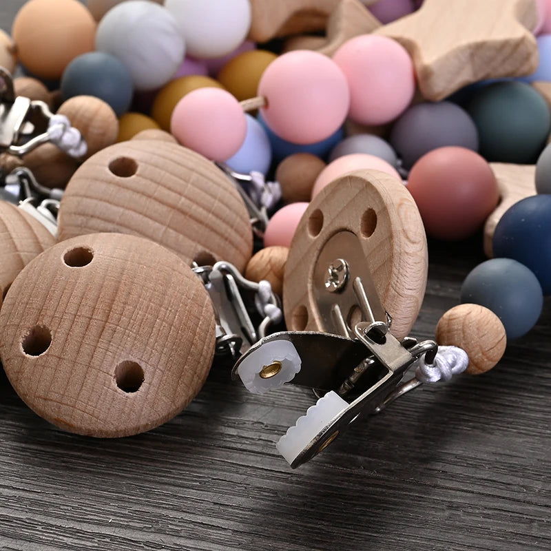 Wood and Silicone Pacifier Clip Chain | Teether Bead Soother Holder (BPA Free)