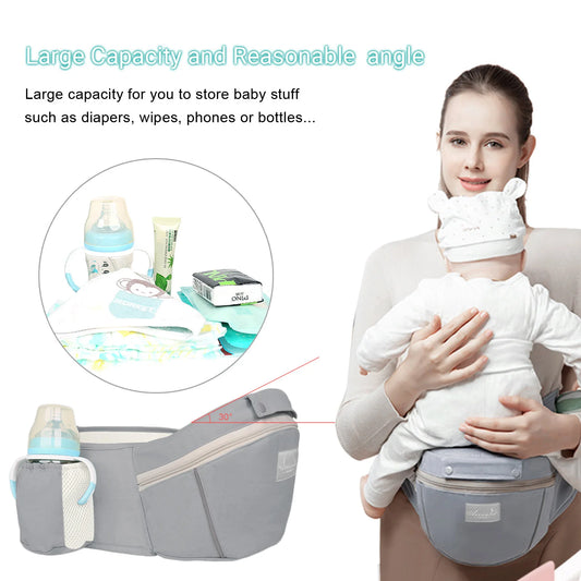Gray hip seat carrier side view with storage compartments and woman wearing baby in carrier.